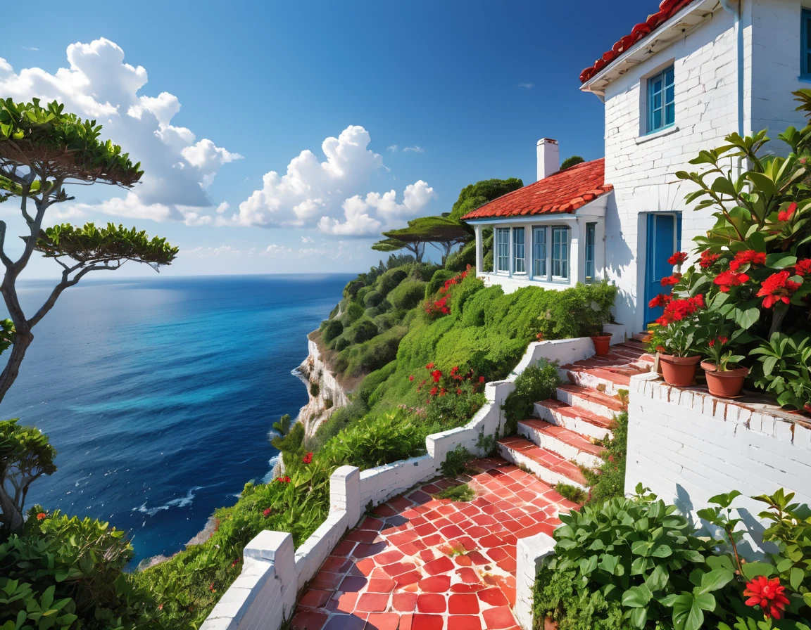 Striking view from the porch of an old white brick house, perched on a cliff overlooking the ocean. The little house has a small garden area with a few plants and flowers, and a set of stairs leading up to it, red tiles with white grout, cracked walls. The cliff is covered in lush greenery, with trees and bushes. deep blue sea below. The sky above is a clear blue with a few scattered white clouds, sharp focus, hyperrealistic, vibrant colors, HDR, 32k