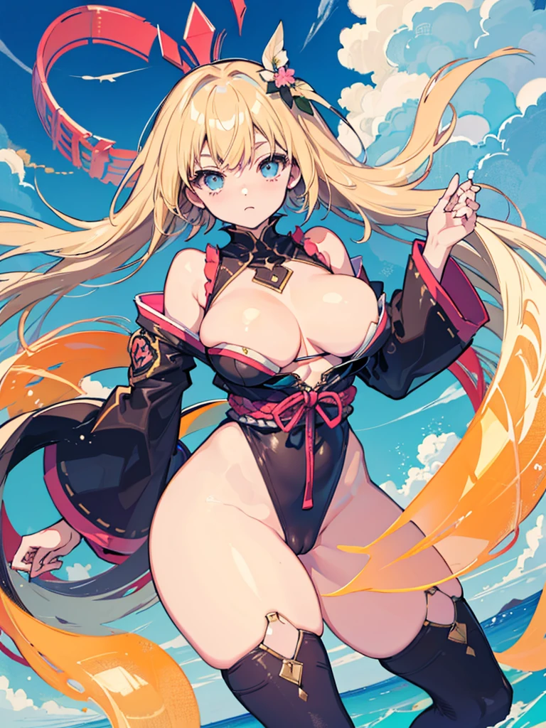solo, high quality, blonde hair, medium breast, monokini, (plants:0.5), (cameltoe:1.1) , (big nipples:0.8), (thick thighs), ((sky, clouds)), japan