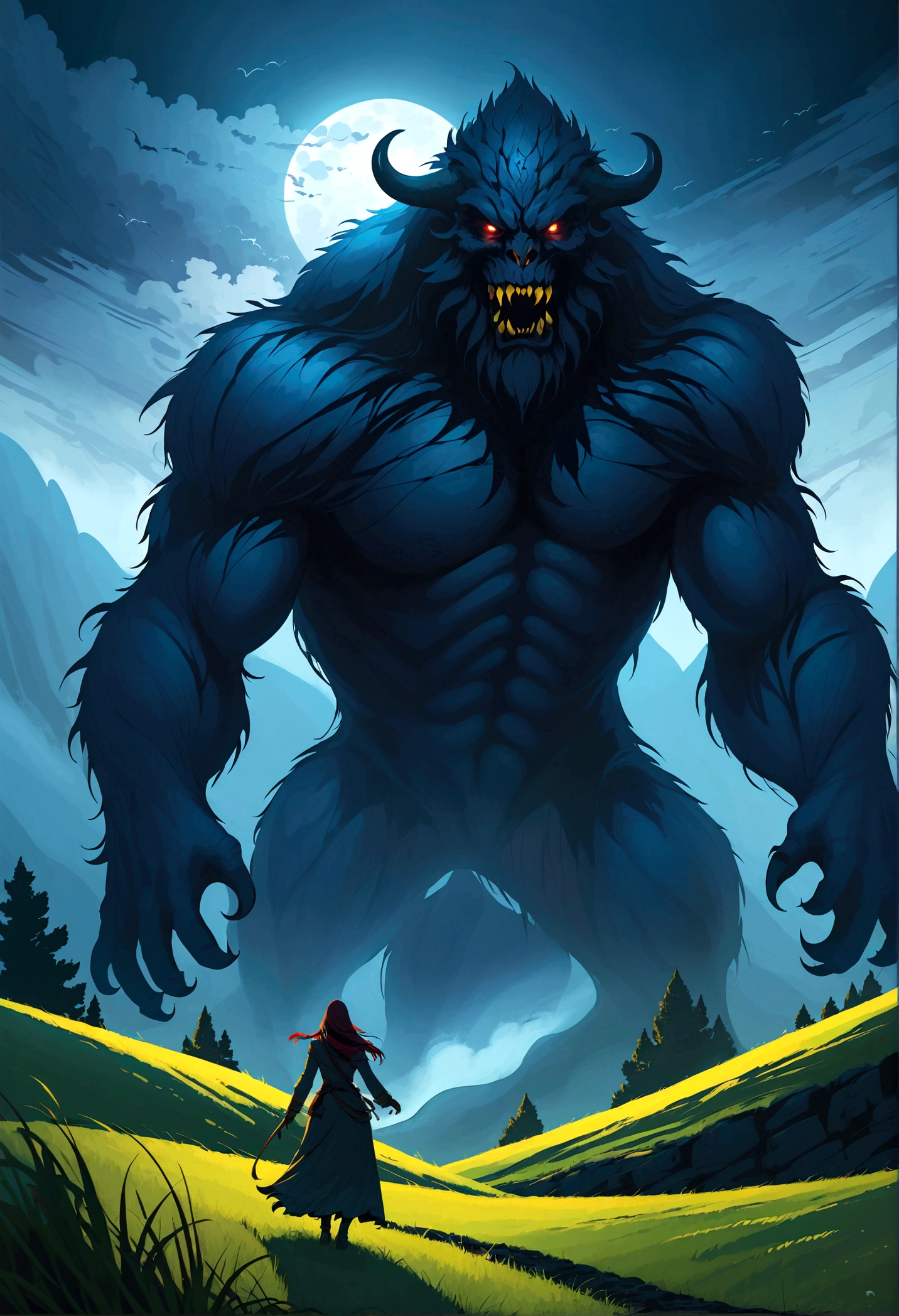 (masterpiece, best quality:1.4), light, rich and colorful, High contrast, Mountain, Grass, Tree, night, (fear (theme):1.2), (monster:1.2), dark
