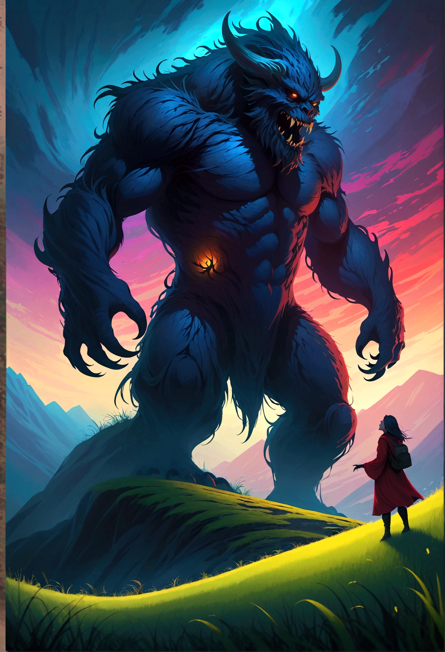 (masterpiece, best quality:1.4), light, rich and colorful, High contrast, Mountain, Grass, Tree, night, (fear (theme):1.2), (monster:1.2), dark