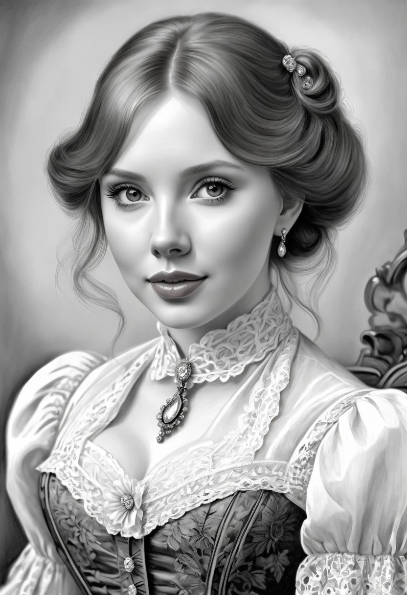 A pencil sketch of a beautiful victorian pig woman who is a mash up of Molly Quinn, Scarlett Johanson and Alison Brie.