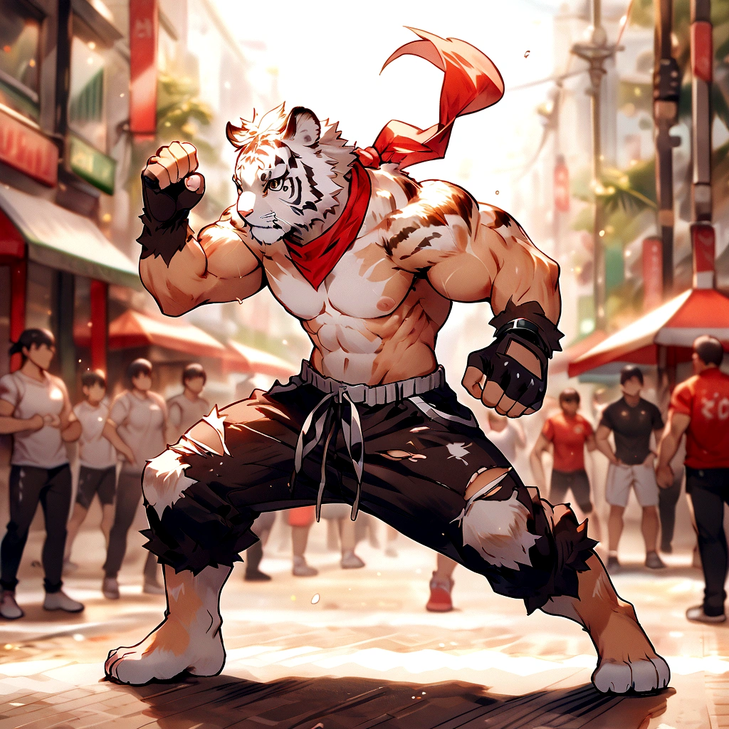 An athletic, muscular anthro white tiger wearing torn jeans and no shirt, wearing fingerless gloves, wearing a red bandana, in a fighting pose