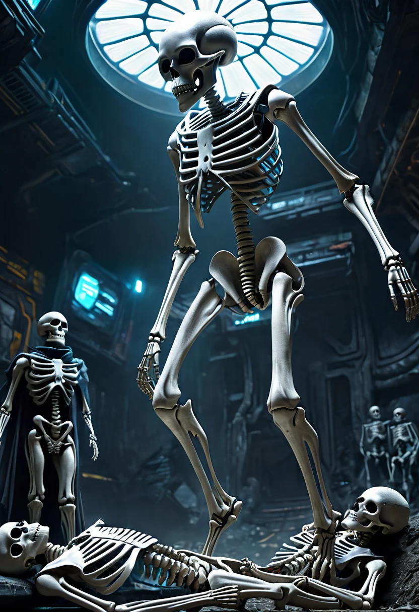 Danligur, the Skeleton King, Eva, emerging, fallen alien children, mothership, hyper realistic, very detailed, cyberpunk, --ar 16:9