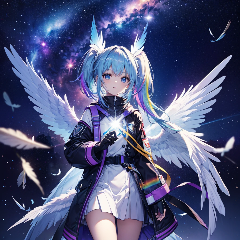 ((Archangel Fantasy Rainbow Hair Make your hair rainbow-colored on the inside Twin tails Dull blue eyes)) ((Has a galaxy uniform Put on a coat without putting your arms through it)) (((Wings many times larger than mine rainbow gradient feathers Glass Feather))) ((Pillar of Light cyber punk Smiling Kindly front)) ((((Raise your left hand Gather power in your left hand)))) ((gloves)) (Broken glass Rolling Pebbles Distorted Space-Time star) Catch the wind milky way Shining Background Particles of light rainbow colored edges (((Shining Edge))) star