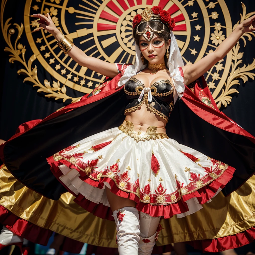 a beautiful white girl dancing at the Tirana Festival, Chile. She wears an elaborate Diablada outfit: black cape with red, white jacket-front decorated with sequins and gold glitter flower designs, (red petticoat) red skirt with gold decorations. Elegant long white gloves. Red boots adorned with flower designs. Diablada Mask. (Bolivian Dance), Seductive body, blonde, blue eyes.