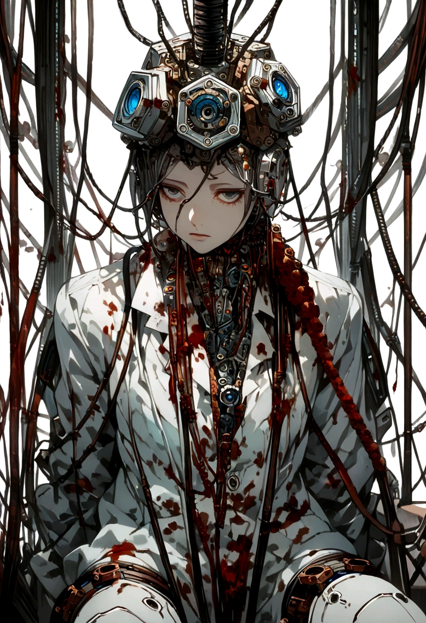 (masterpiece, top quality, best quality, official art, beautiful and aesthetic:1.2), (1girl:1.3), extreme detailed,colorful,highest detailed ((ultra-detailed)), (highly detailed CG illustration), ((an extremely delicate and beautiful)),(from side),cinematic light,((1mechanical girl)),solo,full body,(machine made joints:1.2),((machanical limbs)),(blood vessels connected to tubes),(mechanical vertebra attaching to back),((mechanical cervial attaching to neck)),(sitting),expressionless,(wires and cables attaching to neck:1.2),(wires and cables on head:1.2)(character focus),science fiction,white background,(blood:1.5)