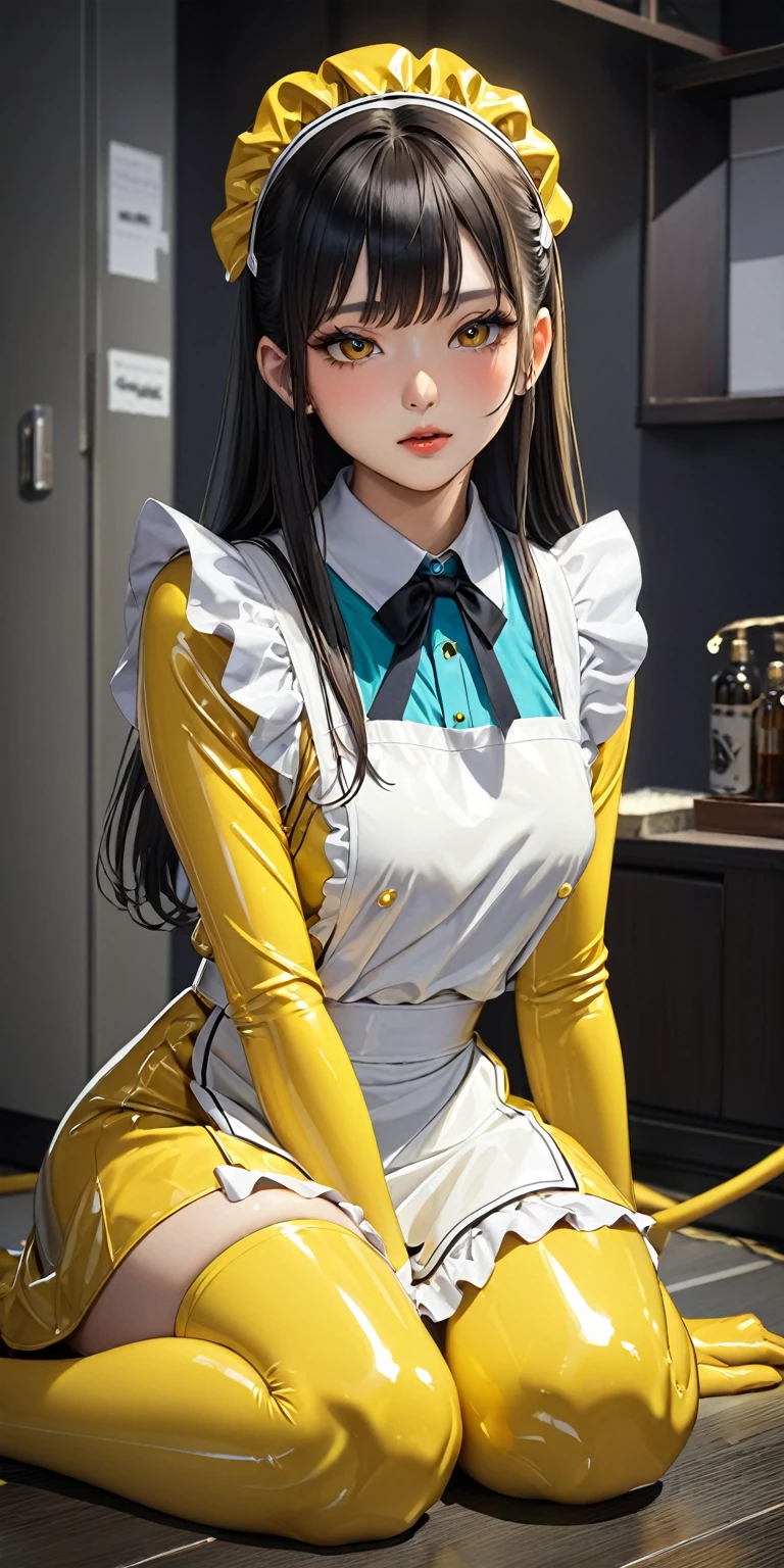 (masterpiece,Highest quality,超A high resolution),Japanese women, (((Very beautiful 25 year old girl))),(Yellow latex maid outfit)、Yellow latex long skirt、(Yellow latex long sleeve shirt)、Yellow latex long gloves、Yellow latex socks、The clothes fit snugly to the body、Latex is very shiny、Dark Room