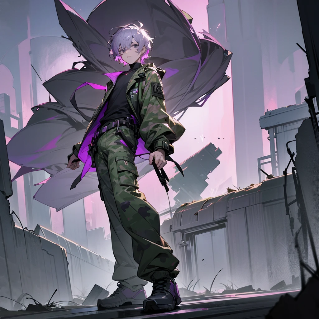 1male, young adult, finely detailed grey eyes, pale purple hair, wavy short hair, combat camo pants, standing on ruined building, night time, serious expression, muscular