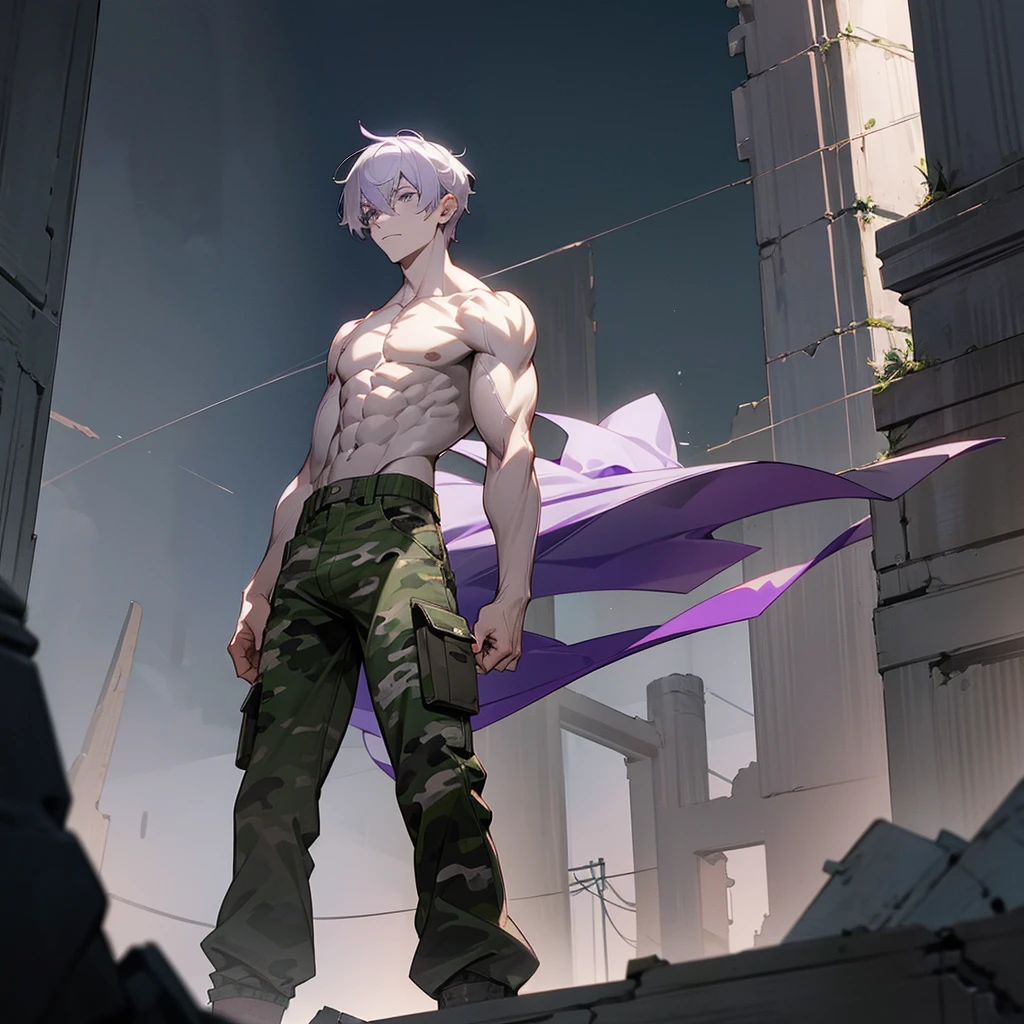 1male, young adult, finely detailed grey eyes, pale purple hair, wavy short hair, combat camo pants, standing on ruined building, night time, serious expression, muscular
