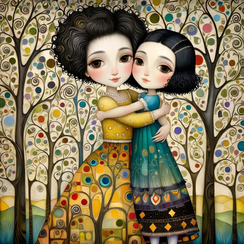  European woman with short black hair, a wide skirt, A woman with short black hair, a wide skirt, is hugging a tree and smiling sweetly, patchwork style inspired by Klimt, Nicoletta Ceccoli, Naoto Hattori, Lawrence Didier, and Leonora Carrington, intricate patterns and details, photorealistic 8k resolution, masterpiece quality, vivid and vibrant colors, dramatic lighting casting surreal shadows, fantastical and whimsical elements, magical realism ambiance, wide-angle perspective creating optical illusions.