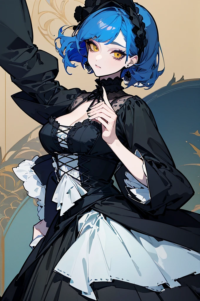 (Highest quality、masterpiece:1.2), ((Mature Woman))Huge , Adult face、Blue Hair、Both sides up、Yellow Eyes, (Dark eyeshadow、Lots of earrings) Gothic Dress, Black Dress, Victorian dress,Blue Rose