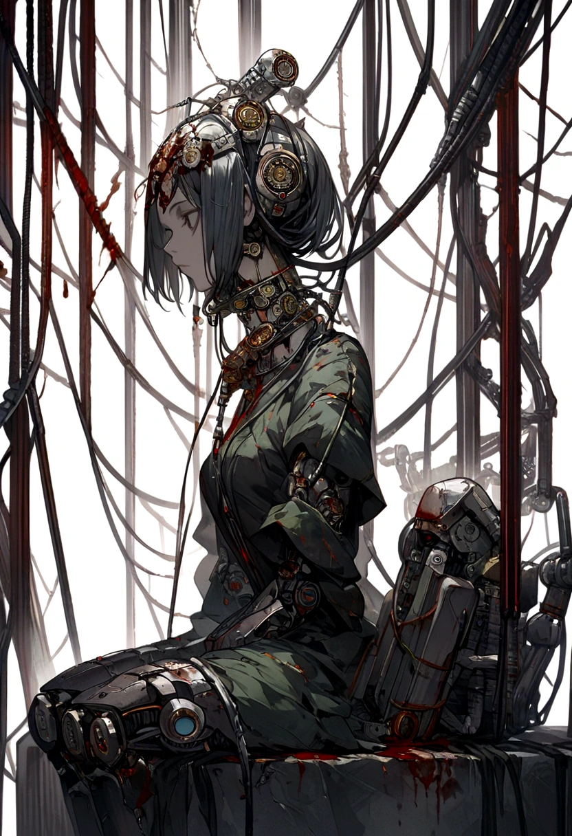 (masterpiece, top quality, best quality, official art, beautiful and aesthetic:1.2), (1girl:1.3), extreme detailed,colorful,highest detailed ((ultra-detailed)), (highly detailed CG illustration), ((an extremely delicate and beautiful)),(from side),cinematic light,((1mechanical girl)),solo,full body,(machine made joints:1.2),((machanical limbs)),(blood vessels connected to tubes),(mechanical vertebra attaching to back),((mechanical cervial attaching to neck)),(sitting),expressionless,(wires and cables attaching to neck:1.2),(wires and cables on head:1.2)(character focus),science fiction,white background,(blood:1.5)