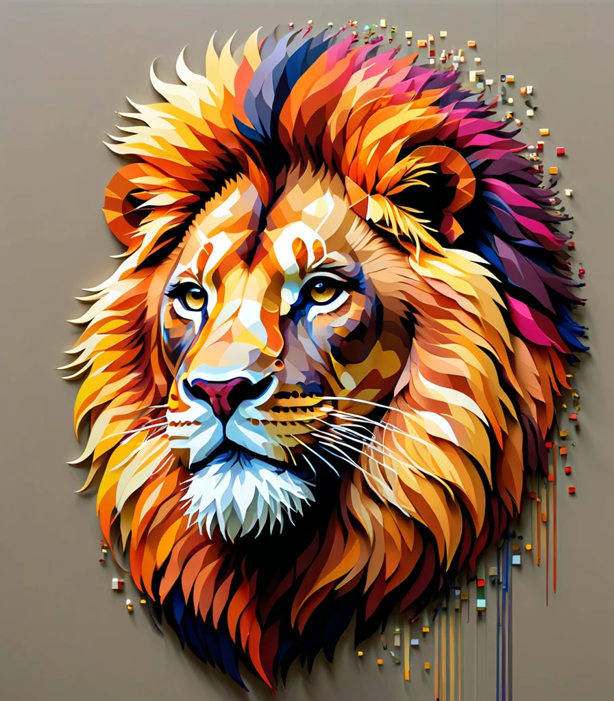 pixel art,Thai artist Thawan Duchanee uses colorful brush strokes to create 3D pixelated lion portraits...