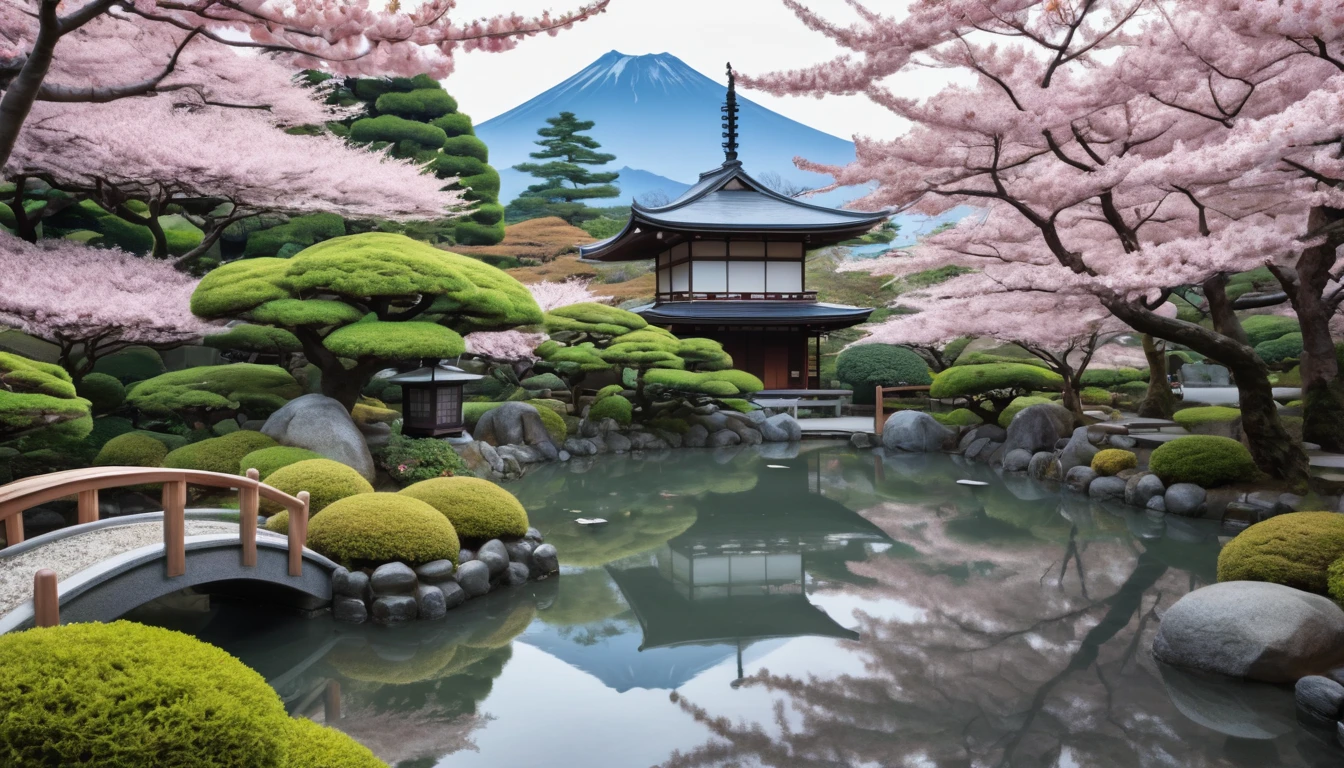 Create a serene and enchanting scene in the Yukio art style. Imagine a tranquil Japanese garden at twilight, where cherry blossom trees are in full bloom, their petals gently falling and creating a pink carpet on the ground. A winding stone path leads to a traditional tea house illuminated by soft lantern light, casting a warm, inviting glow. In the background, a majestic Mount Fuji rises, shrouded in mist, adding a sense of grandeur and tranquility. The garden features a koi pond with vividly colored fish swimming gracefully, their reflections rippling on the water's surface. The colors should be soft and harmonious, with delicate brushstrokes capturing the essence of nature's beauty and tranquility. The entire scene should evoke a sense of peace and timeless elegance, immersing viewers in the serene atmosphere of a traditional Japanese setting.