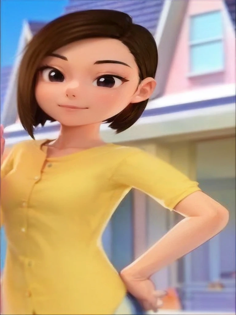 A full body photo of an 25 years old woman with black straight hair, side part Bob haircut without fringe, black eyes small, upturned nose, slender body, small breasts, wearing a short sleeve yellow blouse with buttons on the front and thight blue jeans