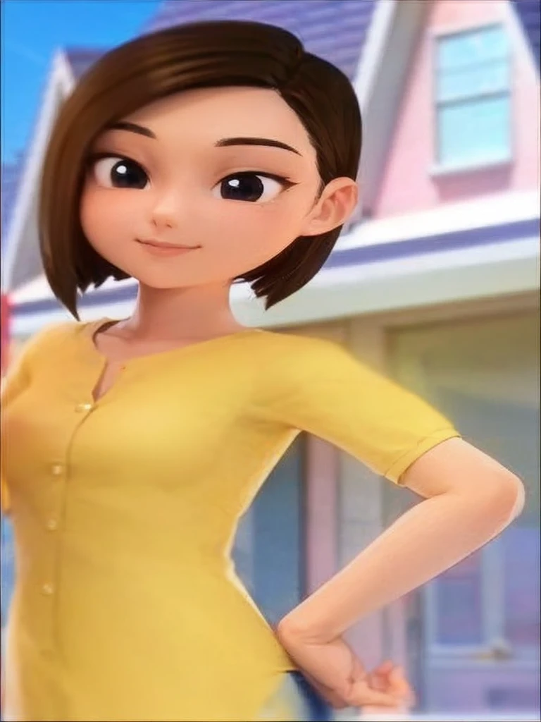 A full body photo of an 25 years old woman with black straight hair, side part Bob haircut without fringe, black eyes small, upturned nose, slender body, small breasts, wearing a short sleeve yellow blouse with buttons on the front and thight blue jeans