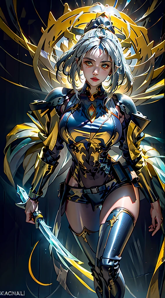 3D A berserker Mech brutal woman with a glowing large metallic ring above her head, with orange-tral yellow energy, large rainbow blade-wings on her back, and majestic colorful blade-wings on her back. She is holding an ornate fantasy weapon with a long, curved claw, intricate designs, sharp jagged edges, metallic texture, glow lava accents, glowing golden highlights, an elaborate hilt with dark blue and white colors, intricate patterns and symbols, She standing on Magic multcolor