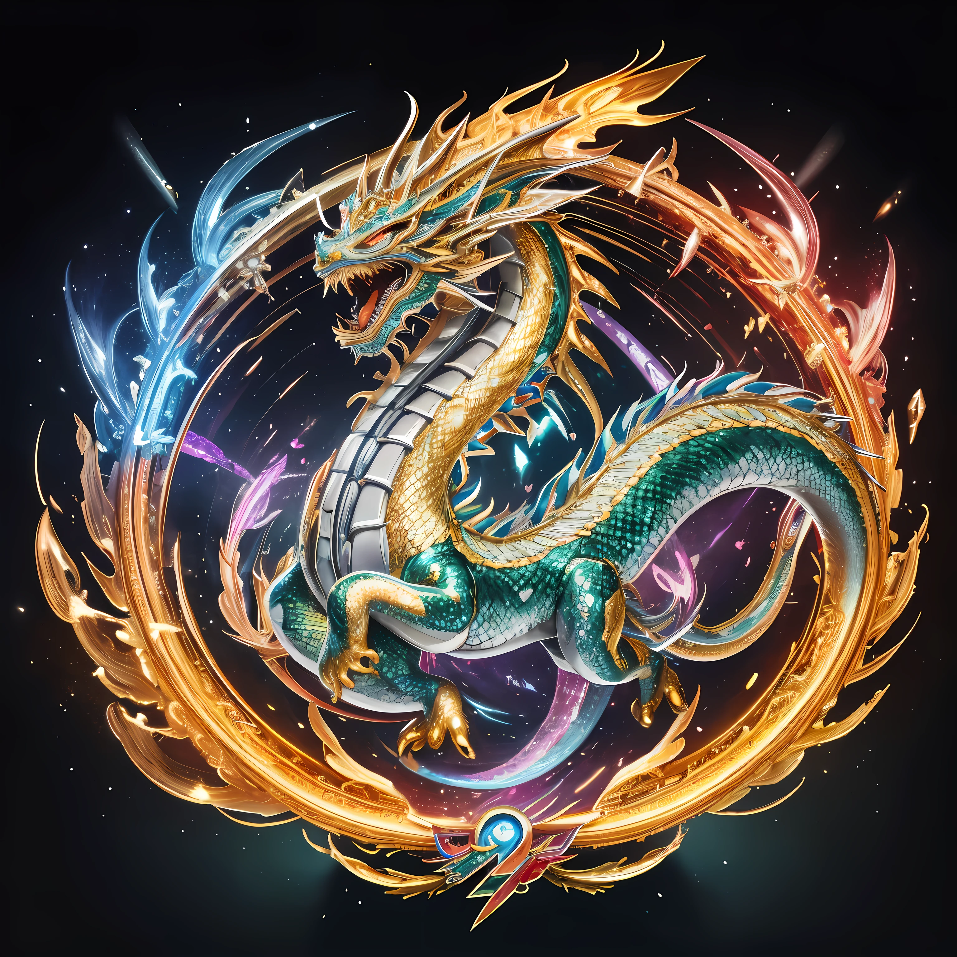 super high quality, 8k, RAW photo, realistic, detailed and delicate depiction and flashy and dynamic painting method, dignified, brave, and divine iridescent Chinese dragon, long body like a snake, background kaleidoscope studded with glittering gold, silver, and precious stones