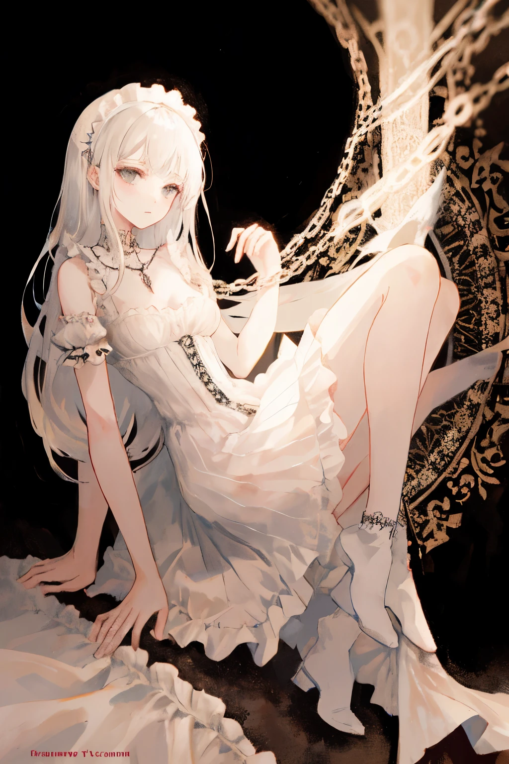 ((best quality)), ((masterpiece)), (detailed), 1girl, Character design, female, dynamic poses, long white grey hair, grey white eyes, very skinny, detailed, best quality, no accesoires around the neck, no shoes, prominent collarbones, skinny arms, flat stomach, visible hip bones, full body, blank white background, plain background, white background, red and white clothing, Bloodborne inspired, occult aesthetic, occult, detailed and intricate steampunk and detailed gothic, NSFW, Very dramatic and cinematic lighting, cosmic horror, grim-dark, side-lighting, perfect face, NSFW, Fluttering lace flared long knee length dress with frilly petticoats, knee length dress, pleated petticoats, petticoats gothic, complex lace boots, side-lighting, gothic aesthetic, wielding a mighty sword with mechanical components, mandalas, small breasts, a fairy, various different types of insect wings, NSFW, full body, whole body, body, plain background, white background, blank background, no background, white background NSFW, chains, full body, whole body, head-to-toe NSFW