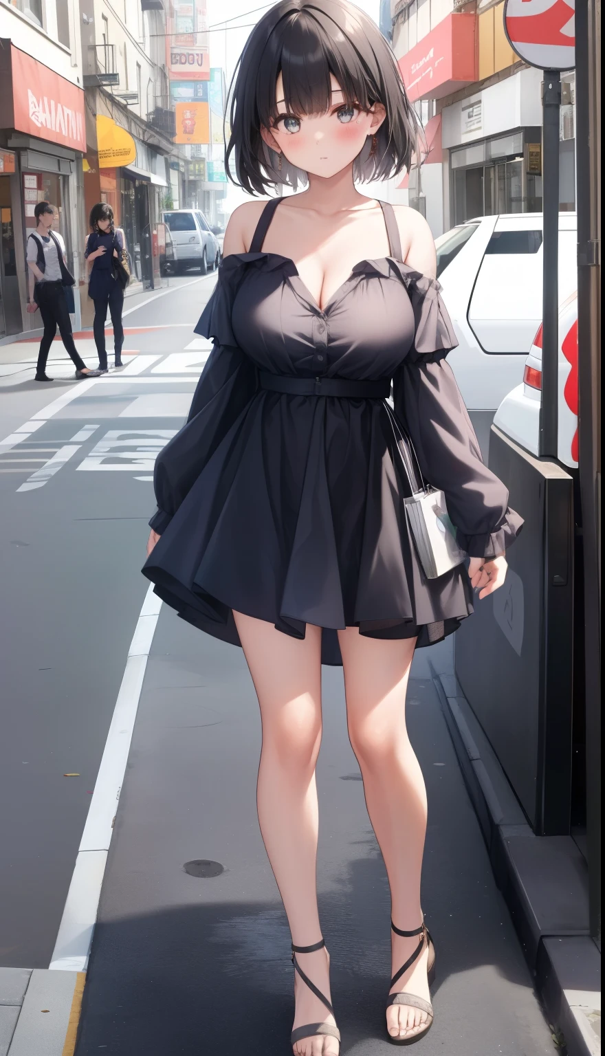 One Girl、positive、Standing posture、Full body portrait、Black Hair、Medium Haircut、blush、Absolute area、No panties、No bra、barefoot、Light blue dress、Off-the-shoulder dress、（Very large breasts）、Cleavage、((Lesbians around the world))、masterpiece、（highest quality） 、Shirt buttons fly off、Unbutton your shirt、Exposing the breasts、In town、Date、Shopping Street、White Sandals、Detailed female genital shape