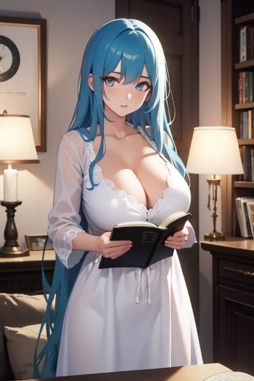 Create an image of a white woman with long blue hair and white eyes using a spell book and wearing a nightgown while in a room and she has a large breast 