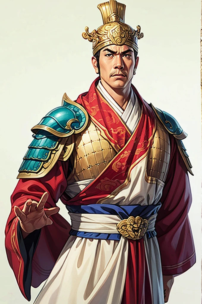 white background, 1 male，Three Kingdoms killing style:1.0，ancient Chinese background，attentive face, High image quality，masterpiece，best quality，ultra high resolution, General, Armor