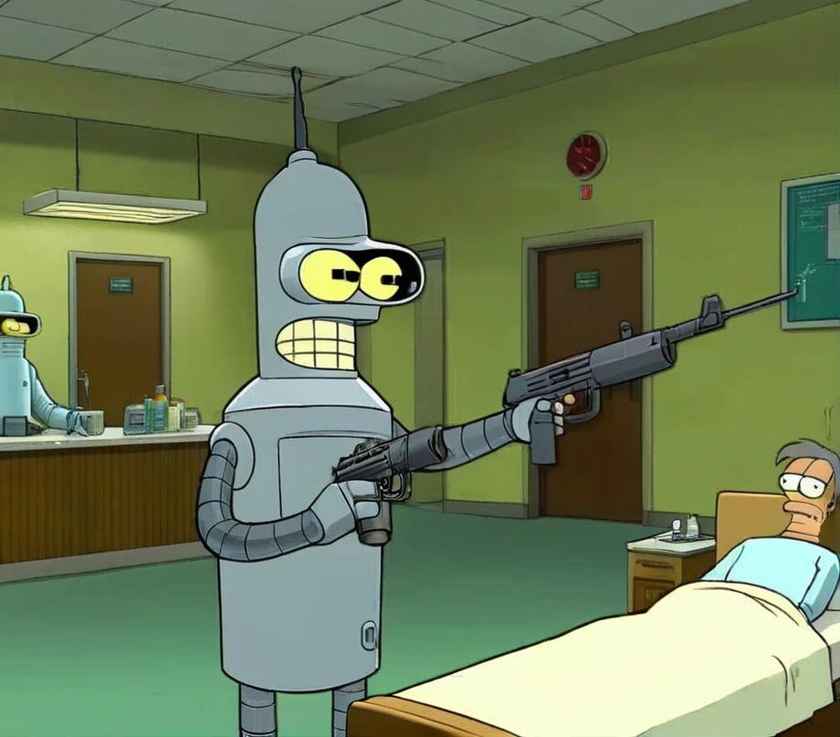 Bender holding Uzi Shotgun on Hospital at New York City 
