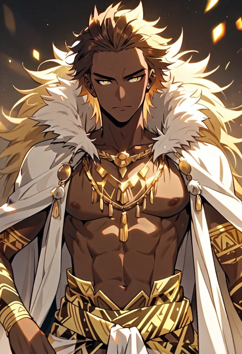 Handsome, solo, 1 male, African man,(((brown skin))), (((short wild golden hair))),  yellow eyes, no shirt, tattoed yellow tribal arms,(( white lion cloak)), pride posture