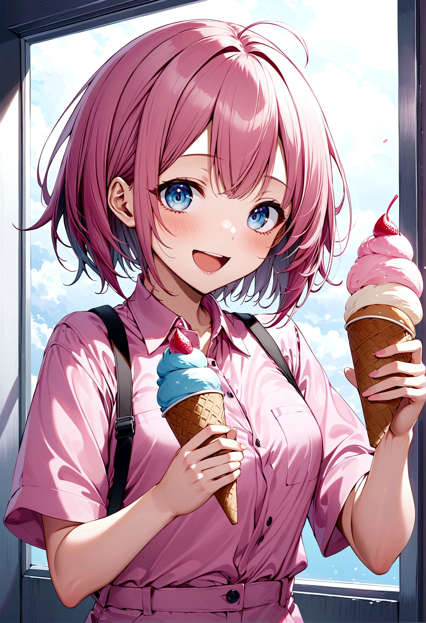 masterpiece,best quality, 1 Girl,Solitary,Uraraka,Work clothes,jumpsuit,Petal-shaped pupil,Change,Pink shirt,Holding ice cream,(Ponytail:0.6),Smile,open mouth,cloudy, 