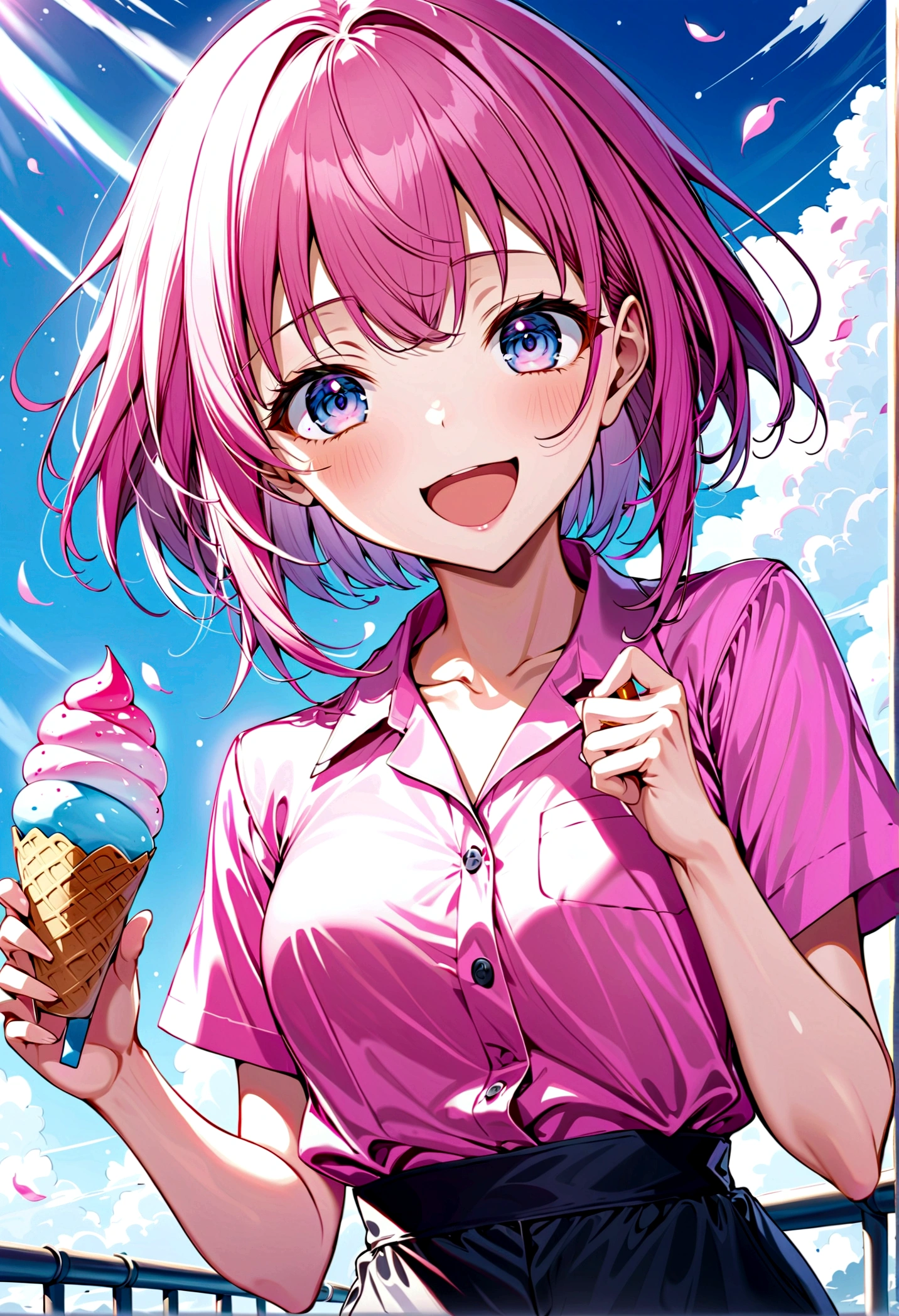 masterpiece,best quality, 1 Girl,Solitary,Uraraka,Work clothes,jumpsuit,Petal-shaped pupil,Change,Pink shirt,Holding ice cream,(Ponytail:0.6),Smile,open mouth,cloudy,
