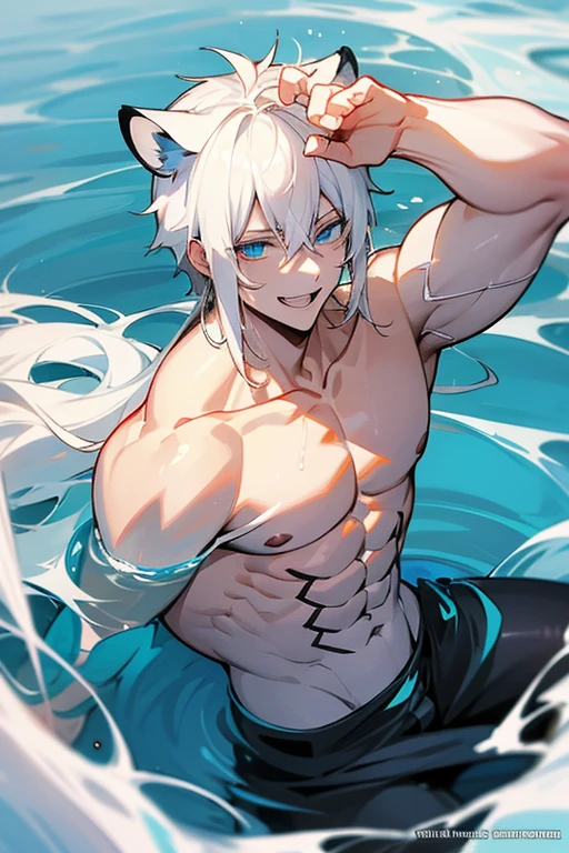 Manhwa A man White hair with white tiger ears, blue eyes, smile showing fangs, has a six pack, soaked in water.