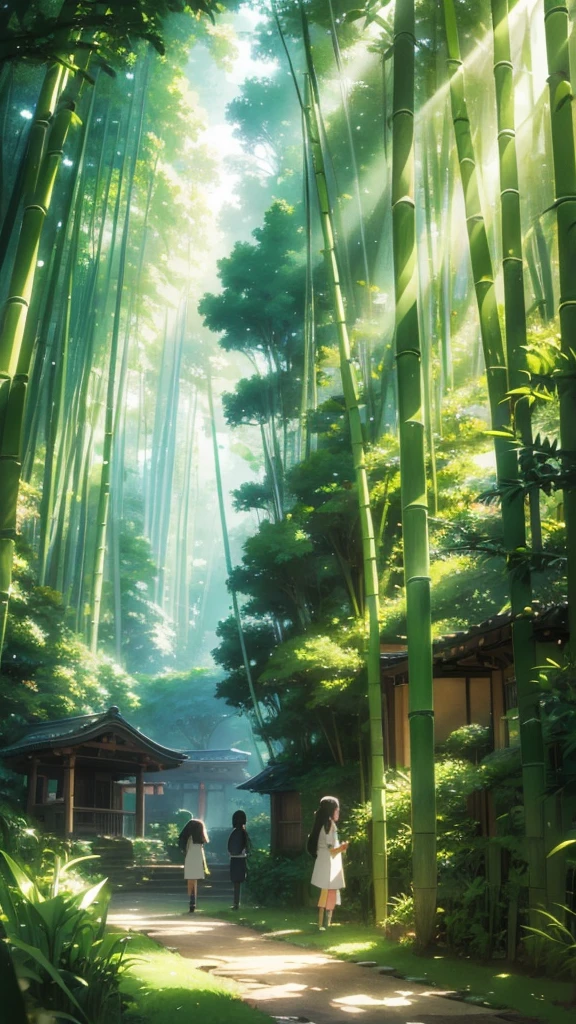 Anime characters exploring a bamboo forest, tall green bamboo stalks, dappled sunlight, serene and mystical atmosphere, Studio Ghibli style, detailed foliage, peaceful setting, anime nature scenery, Japanese countryside, cinematic forest scene, anime background, Japanese animation style, tranquil forest wallpaper