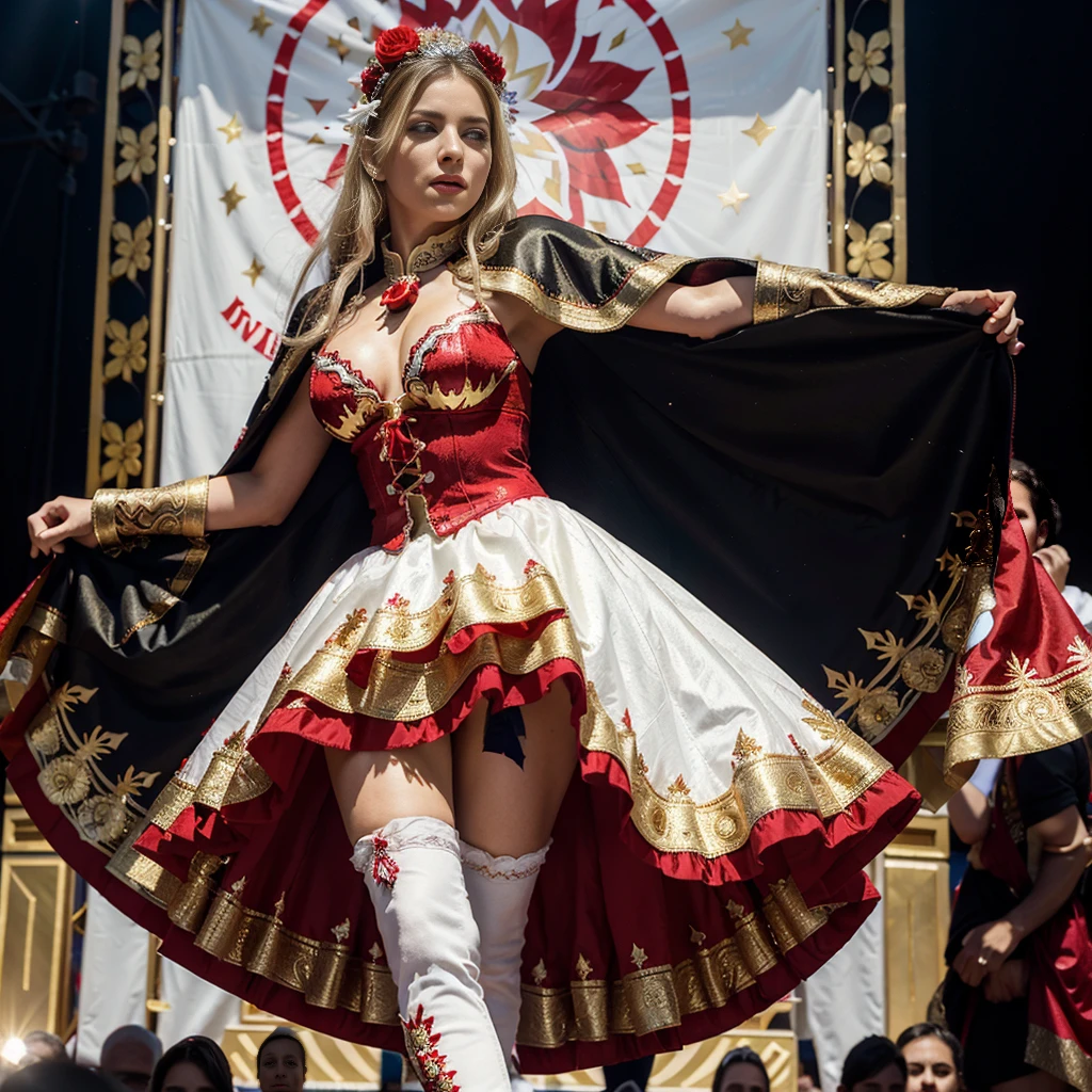a beautiful white girl dancing at the Tirana Festival, Chile. She wears an elaborate Diablada outfit: black cape with red, white jacket-front decorated with sequins and gold glitter flower designs, (red petticoat) red skirt with gold decorations. Elegant long white gloves. Red boots adorned with flower designs. Diablada. (Bolivian Dance), Seductive body, blonde, blue eyes.