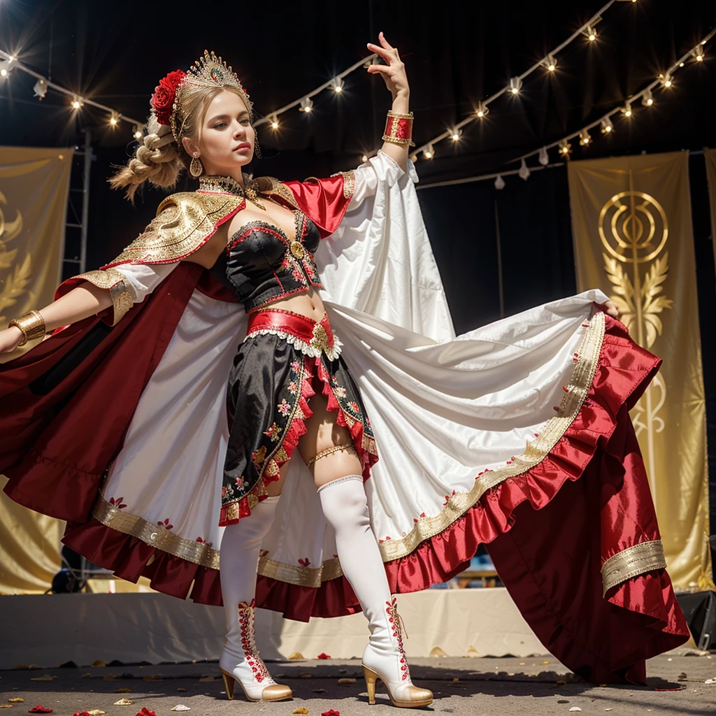 a beautiful white girl dancing at the Tirana Festival, Chile. She wears an elaborate Diablada outfit: black cape with red, white jacket-front decorated with sequins and gold glitter flower designs, (red petticoat) red skirt with gold decorations. Elegant long white gloves. Red boots adorned with flower designs. Diablada. (Bolivian Dance), Seductive body, blonde, blue eyes.