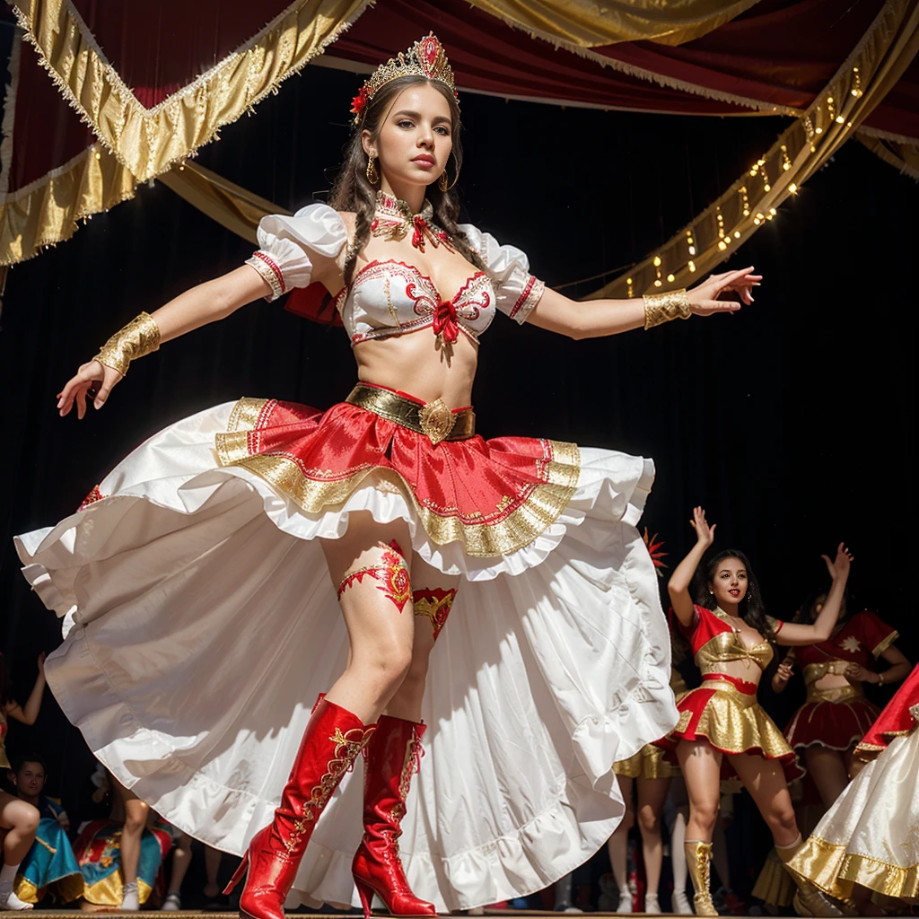 a beautiful white girl dancing at the Tirana Festival, Chile. She wears an elaborate Diablada outfit: black cape with red, white jacket-front decorated with sequins and gold glitter flower designs, (red petticoat) red skirt with gold decorations. Elegant long white gloves. Red boots adorned with flower designs. Diablada. (Bolivian Dance), Seductive body, blonde, blue eyes.