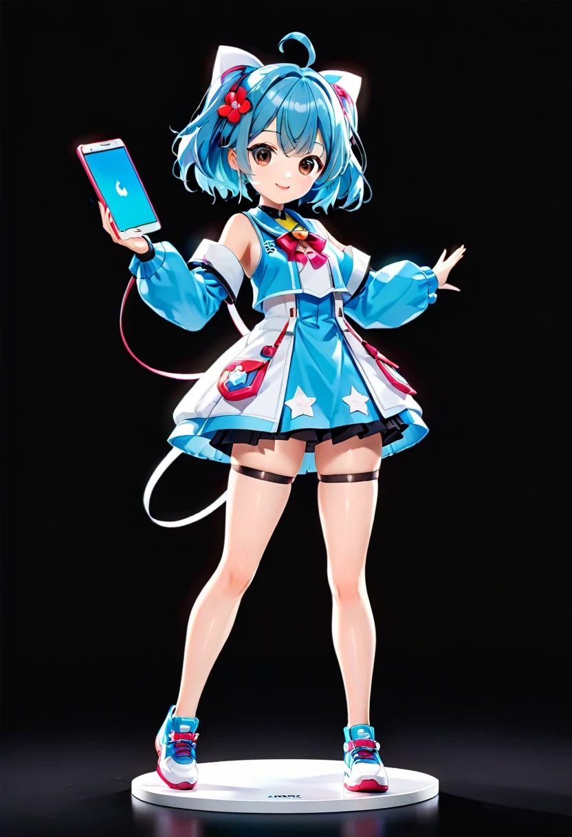 Anime characters on a tablet on a black background, Live2D Virtual Youtuber Model, render of a cute 3d anime girl, 3d anime girl, a-Pause, Anime-style 3D, Pause(Raise the hand + Happy), Anime VTuber Full Body Model, anime Pause,, Android Heroine,, Perfect android girl
