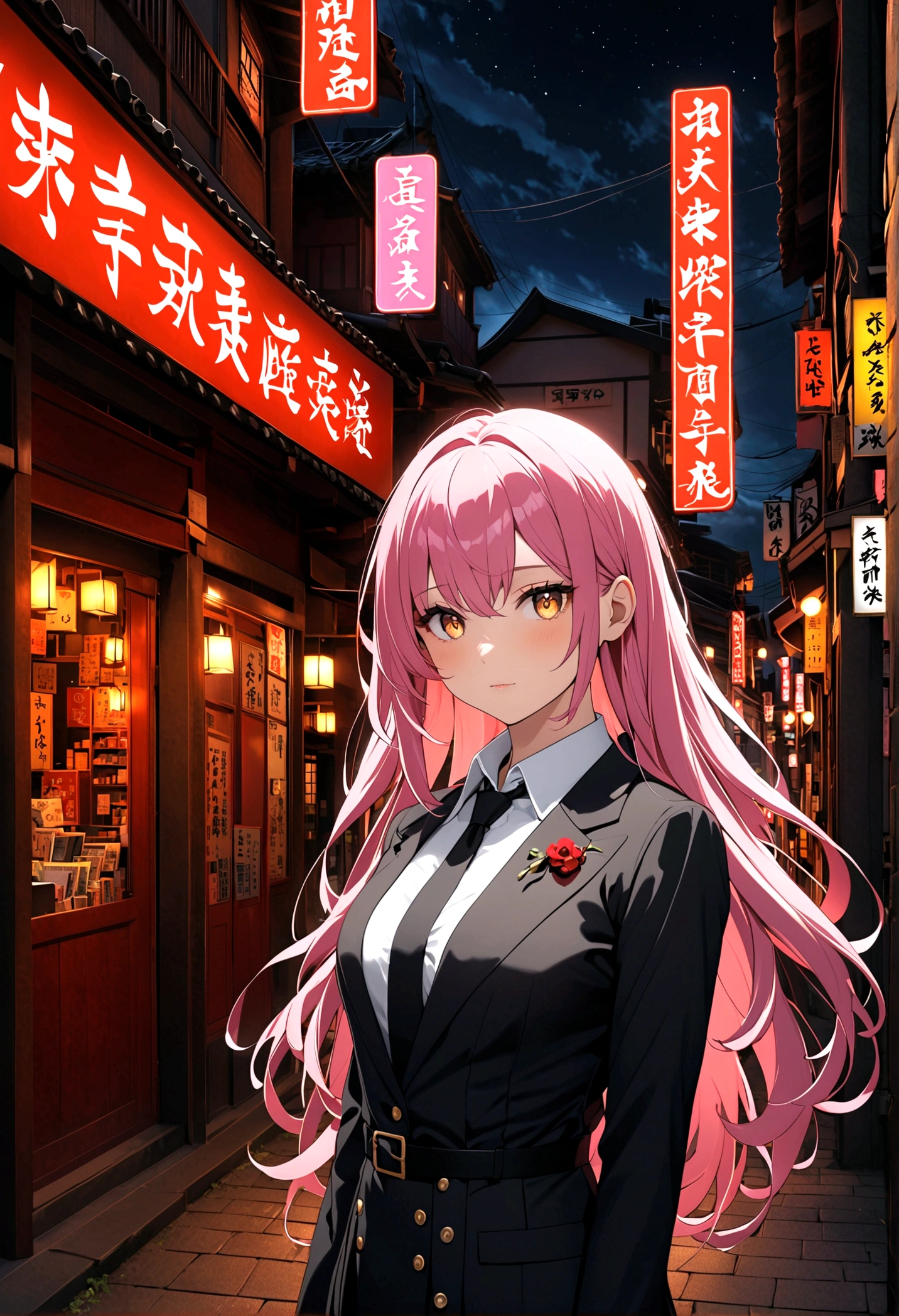 1 Girl, Pink long hair, Red Corner, White collar shirt, Black tie, A faint smile, Yellow eyes, Burning with desire_strength,, architecture,shop,Town Street, Dark sky, landscape,Neon,of the night city, Japanese lyrics,, , absurd, Delicate eyes, Extremely detailed, Volumetric Lighting, Practical, Practical lighting, 8K, light, Depth of Field, perfect, Ultra Detailed, photoPractical, ultra Practical, Practical light, Hard Lighting, Intricate details, Stop Movement, Tone Mapping, Clear focus, Ultra Detailed,