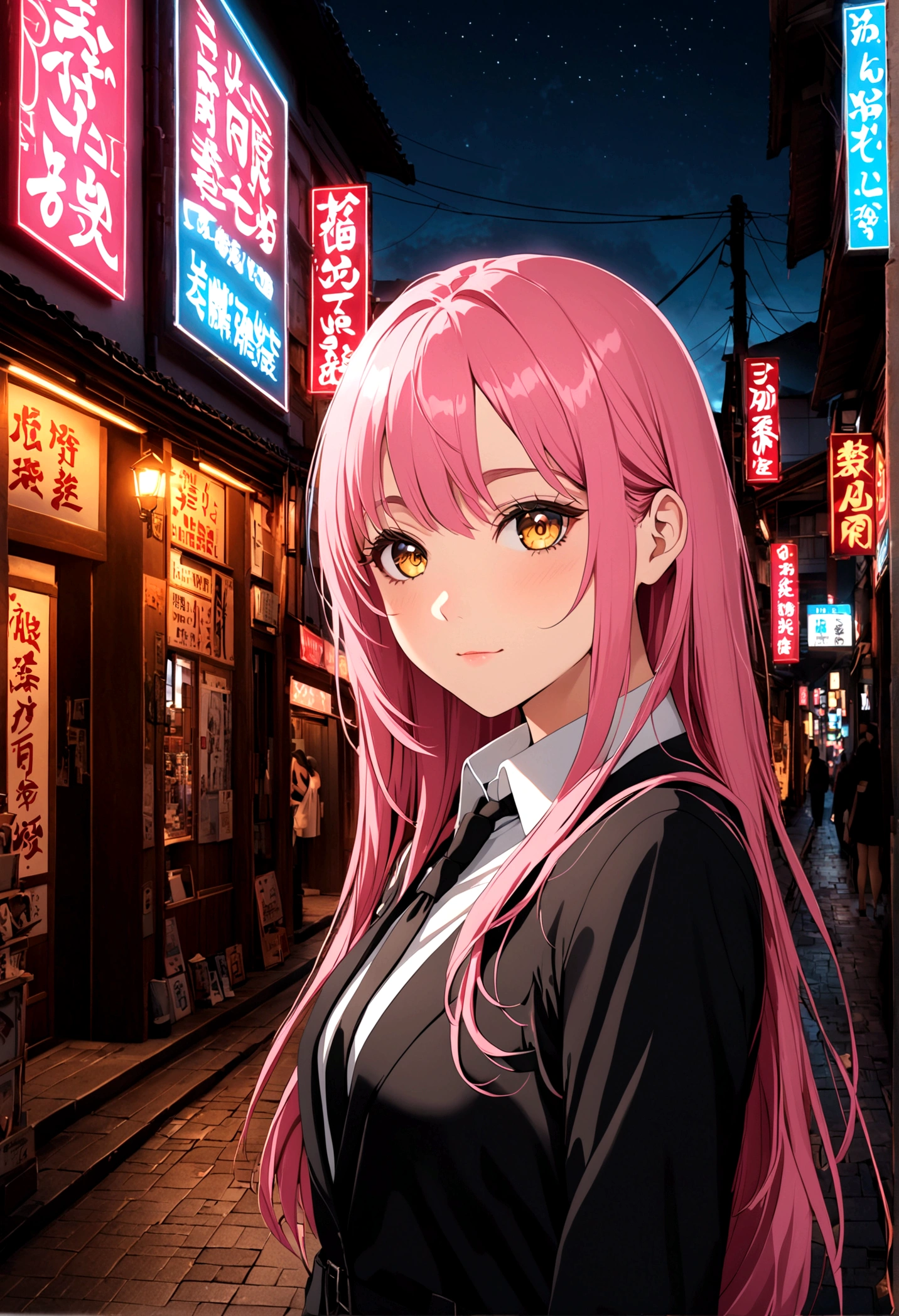 1 Girl, Pink long hair, Red Corner, White collar shirt, Black tie, A faint smile, Yellow eyes, Burning with desire_strength,, architecture,shop,Town Street, Dark sky, landscape,Neon,of the night city, Japanese lyrics,, , absurd, Delicate eyes, Extremely detailed, Volumetric Lighting, Practical, Practical lighting, 8K, light, Depth of Field, perfect, Ultra Detailed, photoPractical, ultra Practical, Practical light, Hard Lighting, Intricate details, Stop Movement, Tone Mapping, Clear focus, Ultra Detailed,