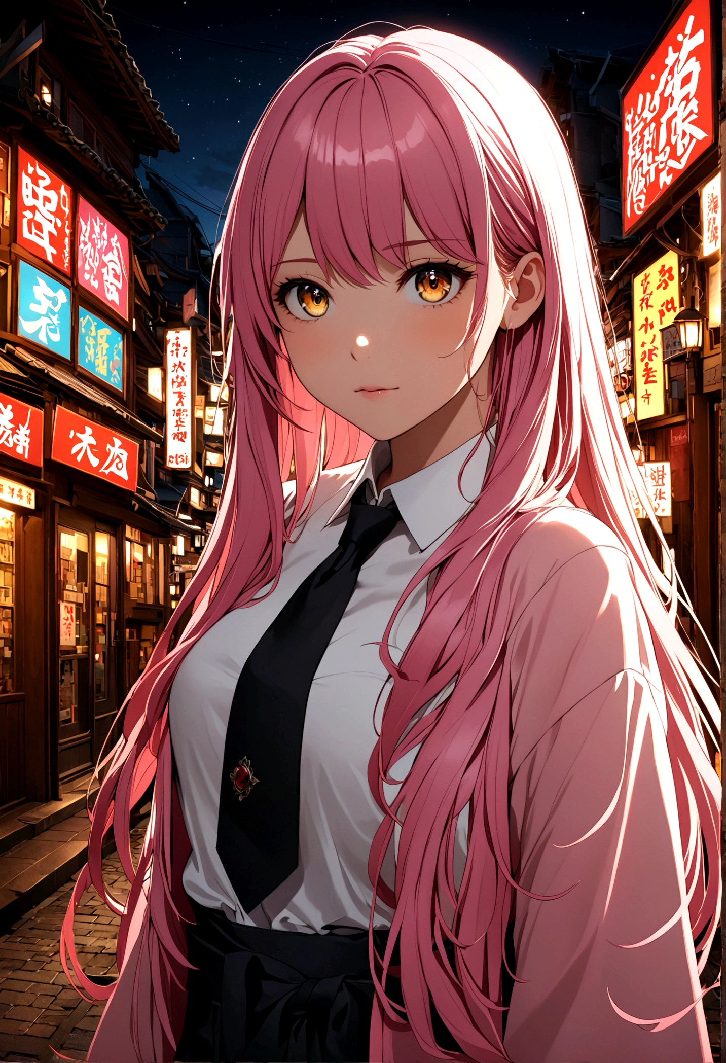 1 Girl, Pink long hair, Red Corner, White collar shirt, Black tie, A faint smile, Yellow eyes, Burning with desire_strength,, architecture,shop,Town Street, Dark sky, landscape,Neon,of the night city, Japanese lyrics,, , absurd, Delicate eyes, Extremely detailed, Volumetric Lighting, Practical, Practical lighting, 8K, light, Depth of Field, perfect, Ultra Detailed, photoPractical, ultra Practical, Practical light, Hard Lighting, Intricate details, Stop Movement, Tone Mapping, Clear focus, Ultra Detailed,
