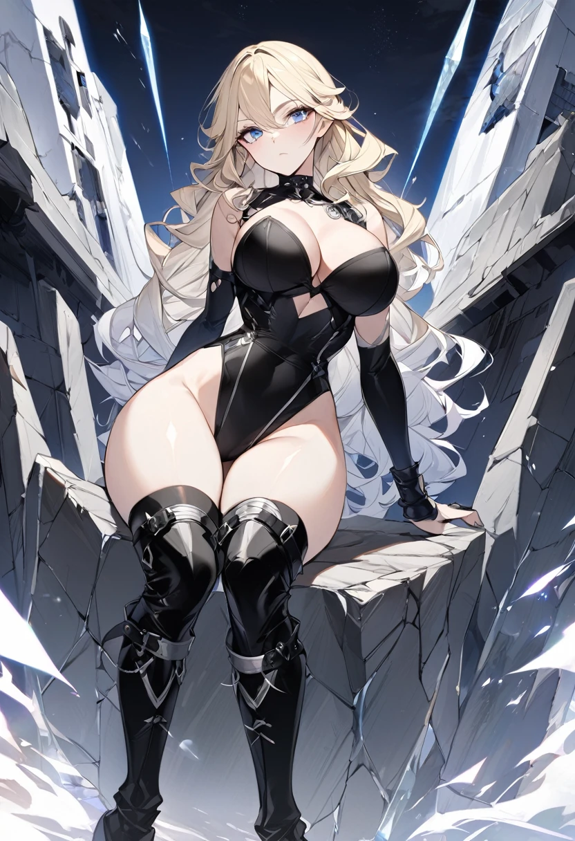 Blonde　Wavy Hair　Blue Eyes　Fair skin　Japanese　Expressionless　Mature　beautiful girl　　168㎝　Different world　Black and white punk fashion　dawn　sun　iceの地面　Diamond dust　Large Breasts　Beautiful buttocks　Beautiful feet　thin feet　strict　ice　Black boots