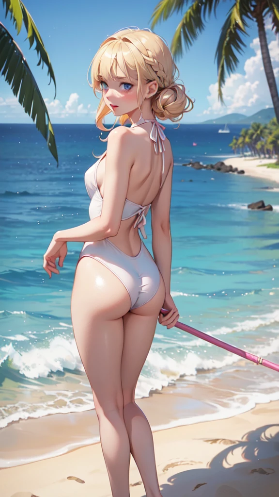 1girl, solo, elegant hair (full body: 1.1), (side at the viewer: 1.1),Piped Splice Wide Strap One Piece Swimsuit , filmg , sweet_****ta, Best quality, masterpiece, blond hair, blue eyes, Exquisite mouth,Very detailed face, blush, Shiny wet skin, Pink lips, Delicate lips, back turned, beach background