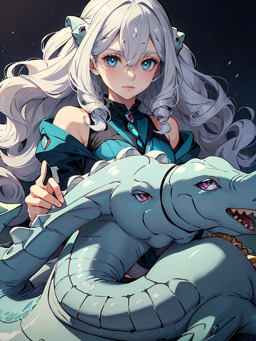 handsome girl，grey-eyes，grey pupils，Long white hair，Hyperresolution，accuracy，Detailed rendering，（Subtle facial image）（Image of fine hair）（topquality）（Masterpieces of masters）（High degree of completeness）（A sense of atmosphere）tmasterpiece，Super detailed and super detailed（half-body portrait), pokemon trainer, original pokemon trainer, (((Ankle length hair))) (((Ankle length curly hair)))(((Lapras)))