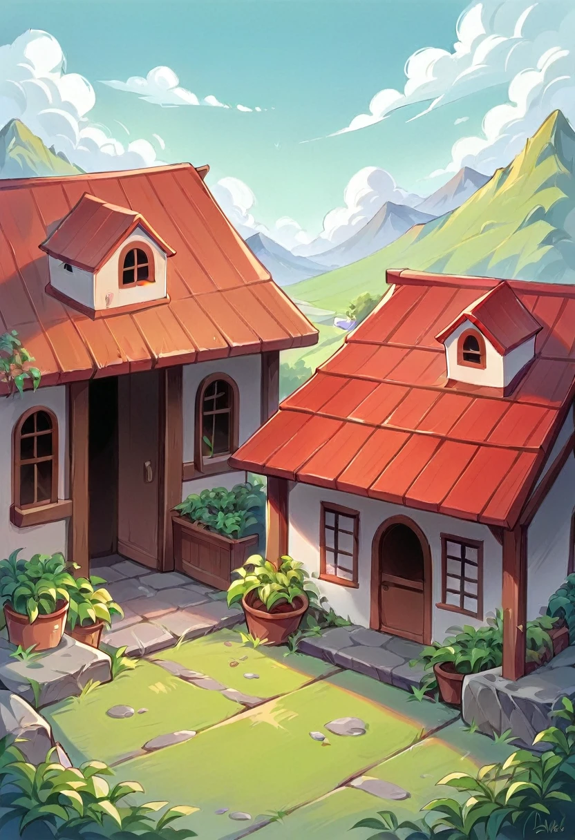 There is a small house, red tile roof, a beautiful house, with mountains in the background, a large yard, green grass and flowers on the edge of the lawn, the path to the house is paved with paved stones. The house must stand out most in photos and footage around the house. Smooth, gentle movement, angle shot from above