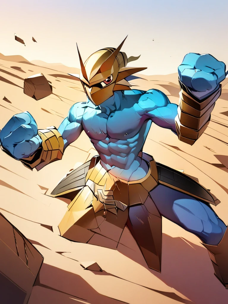 solo,Magnamon,tall, blue and white skin,(battle damaged:1.5),(topless Magnamon:2),(armor fragments:1.5),(shirtless:1.5), fighting_stance, in desert ,full_shot
