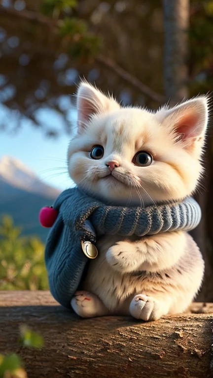 Fluffy cat sitting at the base of a tree in the middle of a mountain, cute