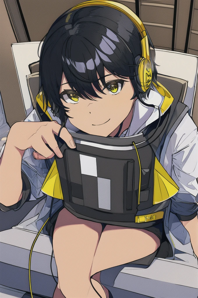 Adult male gamer、((Yellow headphones)), Sitting, Black Hair