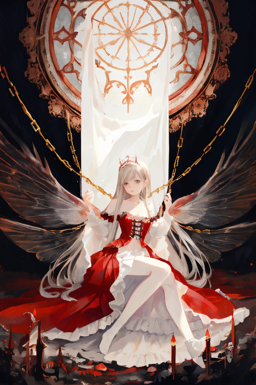 ((best quality)), ((masterpiece)), (detailed), 1girl, Character design, female, dynamic poses, long white grey hair, grey white eyes, very skinny, detailed, best quality, no accesoires around the neck, no shoes, prominent collarbones, skinny arms, flat stomach, visible hip bones, full body, blank white background, plain background, white background, red and white clothing, Bloodborne inspired, occult aesthetic, occult, detailed and intricate steampunk and detailed gothic, NSFW, Very dramatic and cinematic lighting, cosmic horror, grim-dark, side-lighting, perfect face, NSFW, Fluttering lace flared long knee length dress with frilly petticoats, knee length dress, pleated petticoats, petticoats gothic, complex lace boots, side-lighting, gothic aesthetic, wielding a mighty sword with mechanical components, mandalas, small breasts, a fairy, various different types of insect wings, NSFW, full body, whole body, body, plain background, white background, blank background, no background, white background NSFW, chains, full body, whole body, head-to-toe NSFW