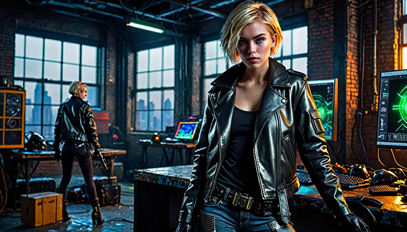 1girl, blonde hair, short hair, green eyes, glowing left eye, 21 years old, leather jacket, gloves, black gloves, jeans, boots, pistol holster, dark warehouse, 1 computer with three led monitors, window, new york cyberpunk city, detailed realistic portrait, cinematic lighting, dramatic contrast, moody atmosphere, high quality, highly detailed, sharp focus, photorealistic, hyperrealistic, dramatic lighting, intricate details, vivid colors, cinematic composition, high resolution, masterpiece
