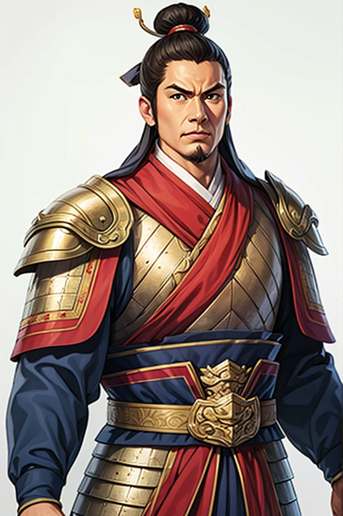 white background, 1 male,Three Kingdoms killing style:1.0,ancient Chinese background,attentive face, High image quality,masterpiece,best quality,ultra high resolution, General, heavy armor