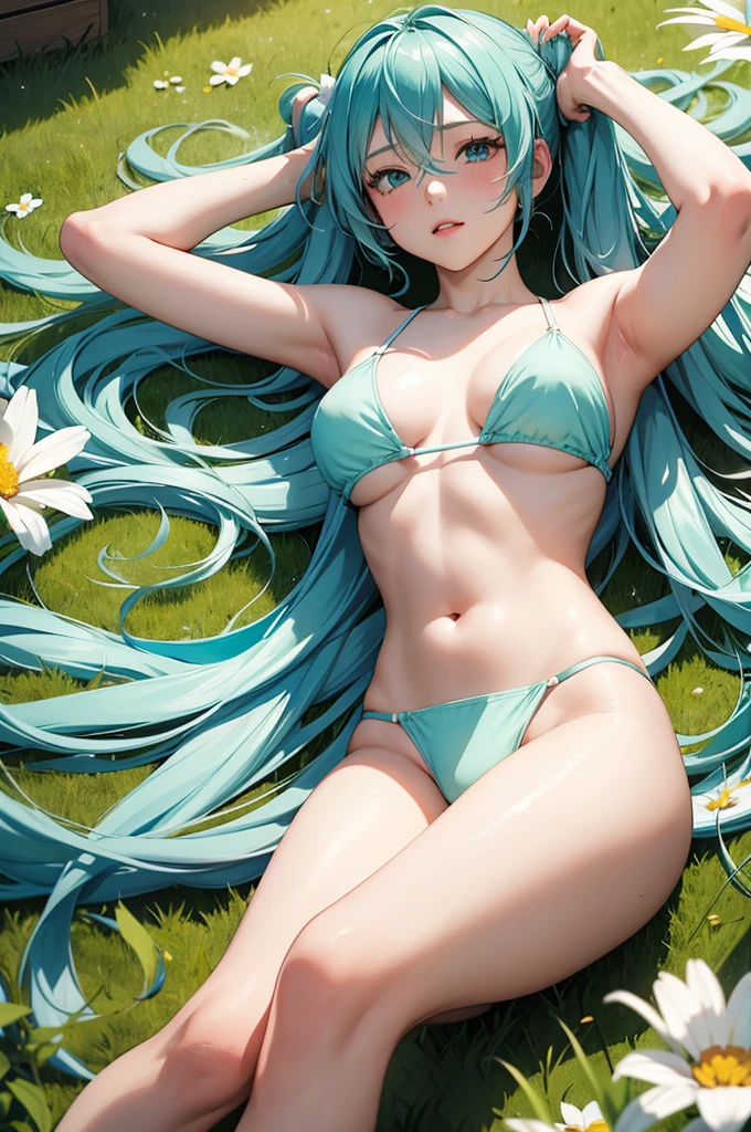 Hatsune Miku spreads her legs and lies down, wearing a soaking white bikini with very little coverage of her breasts, completely exposed, and small breasts on a grassland with flowers